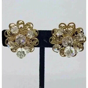 Vintage Earrings Clip Gold Filigree AB Crystal Dangle Soft Touch 1950 Fancy